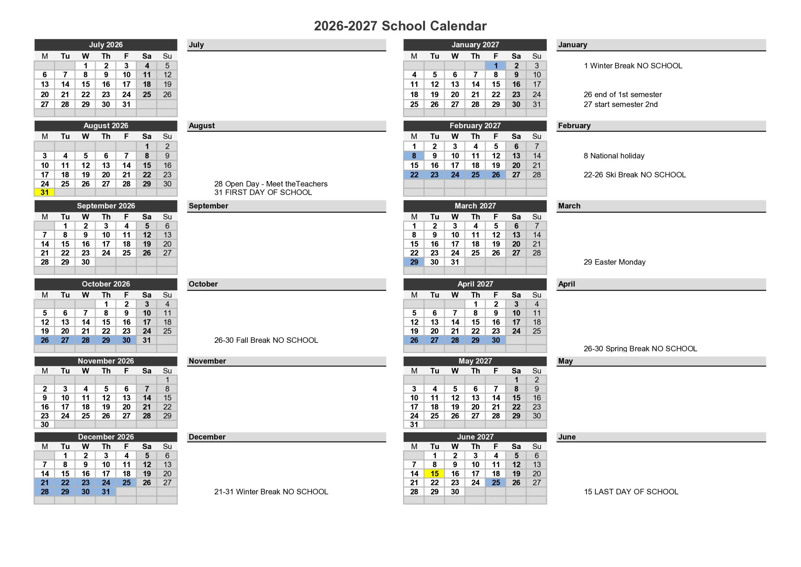 School Calendar 2026-2027